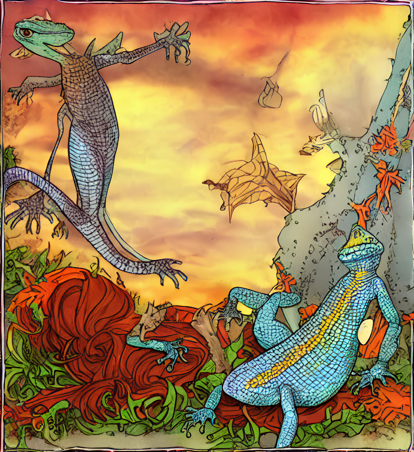 Surreal blue lizards in autumn setting with flying bats