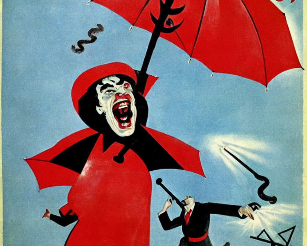 Classic Art: Woman with Umbrella Laughing in Rain, Man Struggling