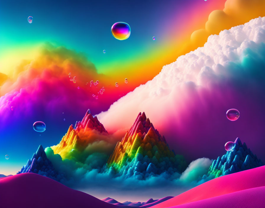 Colorful surreal landscape with multicolored mountains and pink sand dunes