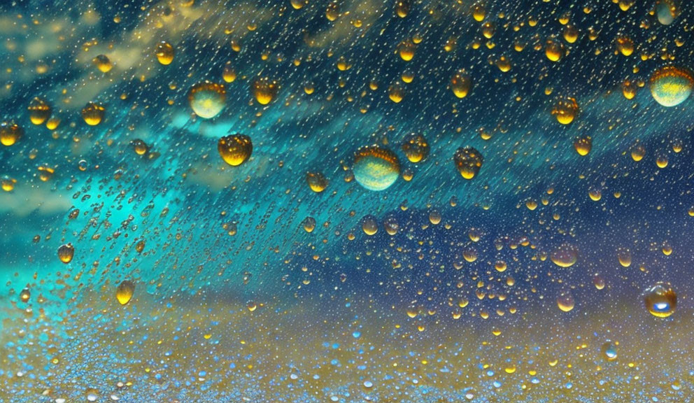 Raindrops on glass with yellow and blue bokeh lights pattern.