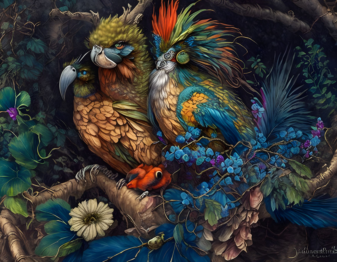 Colorful mythical birds in vibrant digital artwork