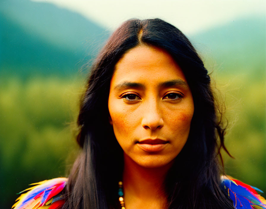 Woman with long dark hair in traditional attire on blurred green background