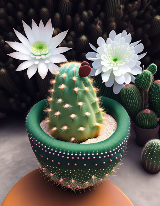 Digital artwork: Cactus with face and hat among blooming daisy-like cacti