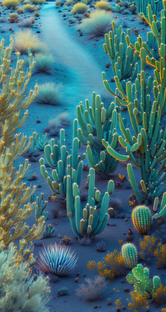 Vibrant cacti in surreal desert landscape under blue light