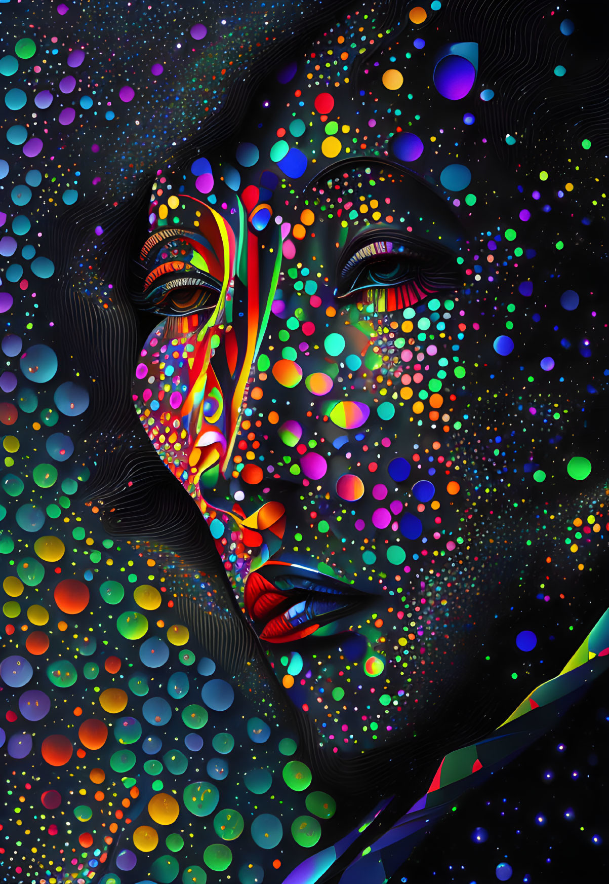 Colorful abstract digital artwork of woman's face with dots on black background