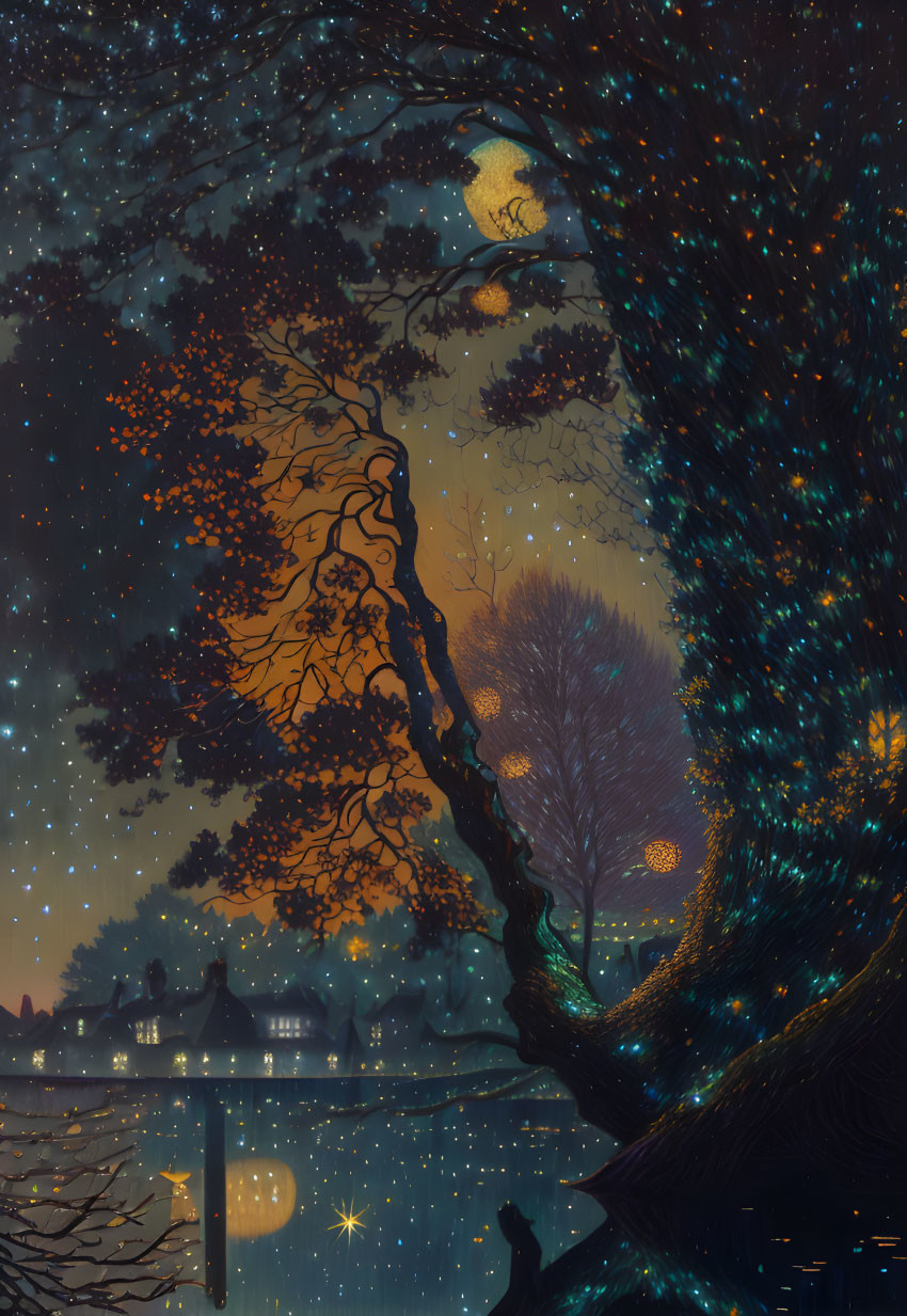 Whimsical night scene with illuminated trees and starry sky, cat silhouette under oak, quaint village