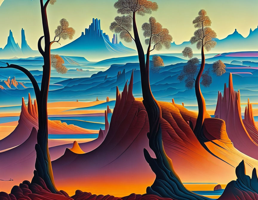 Warm-Hued Stylized Landscape with Undulating Hills and Trees