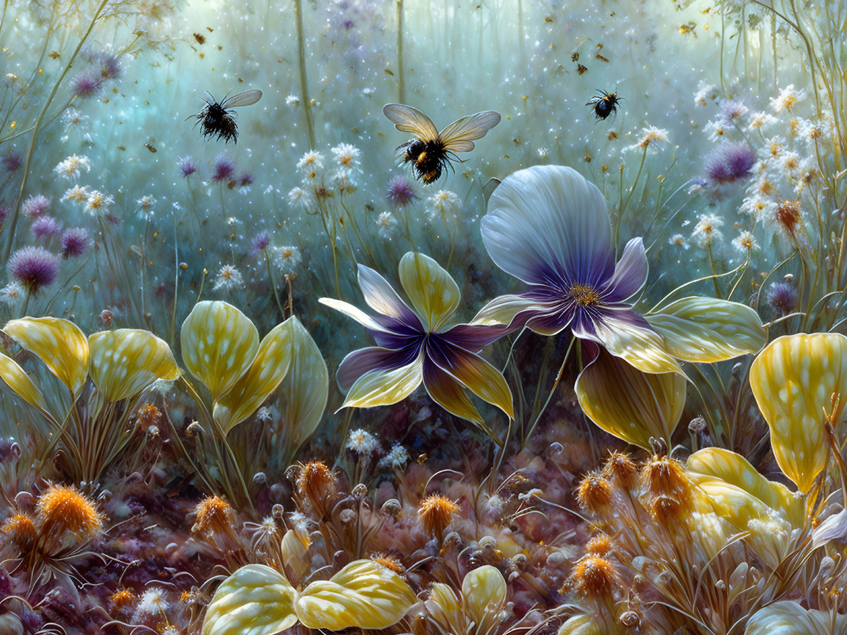 Colorful Flower Field with Bees and Soft Lighting