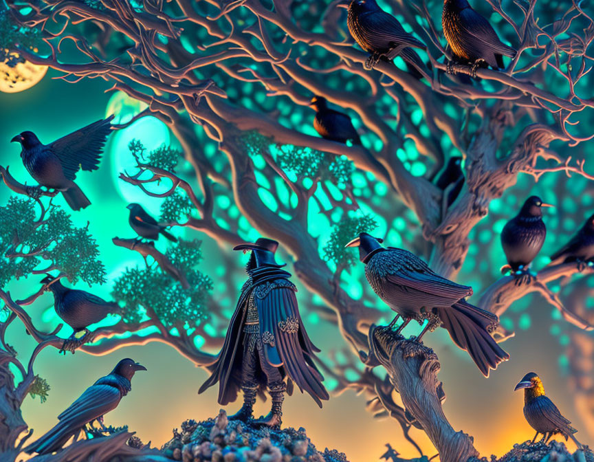 Surreal starlings on intertwined tree branches under teal and orange sky