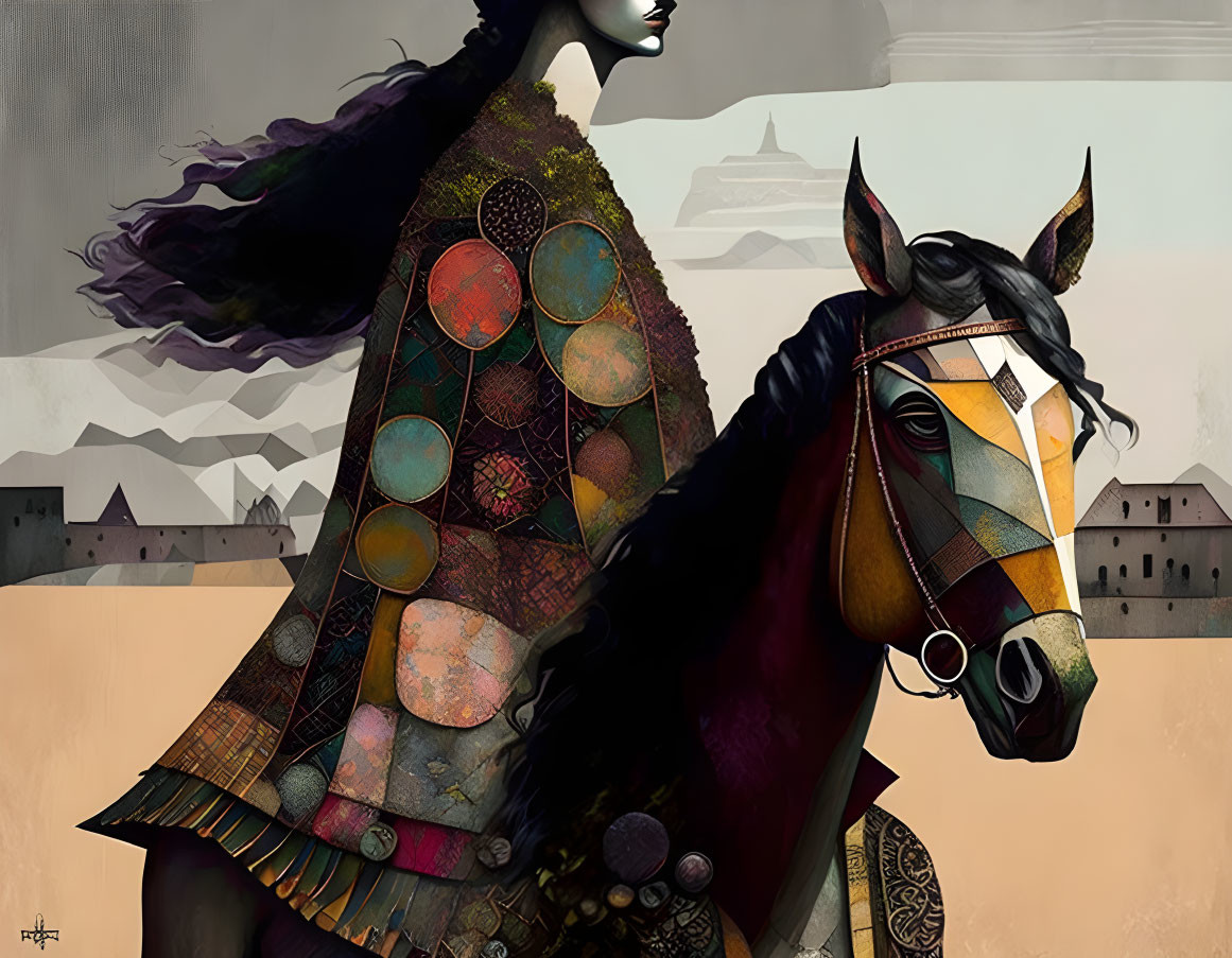 Illustration of woman on horse with vibrant patterns against scenic background