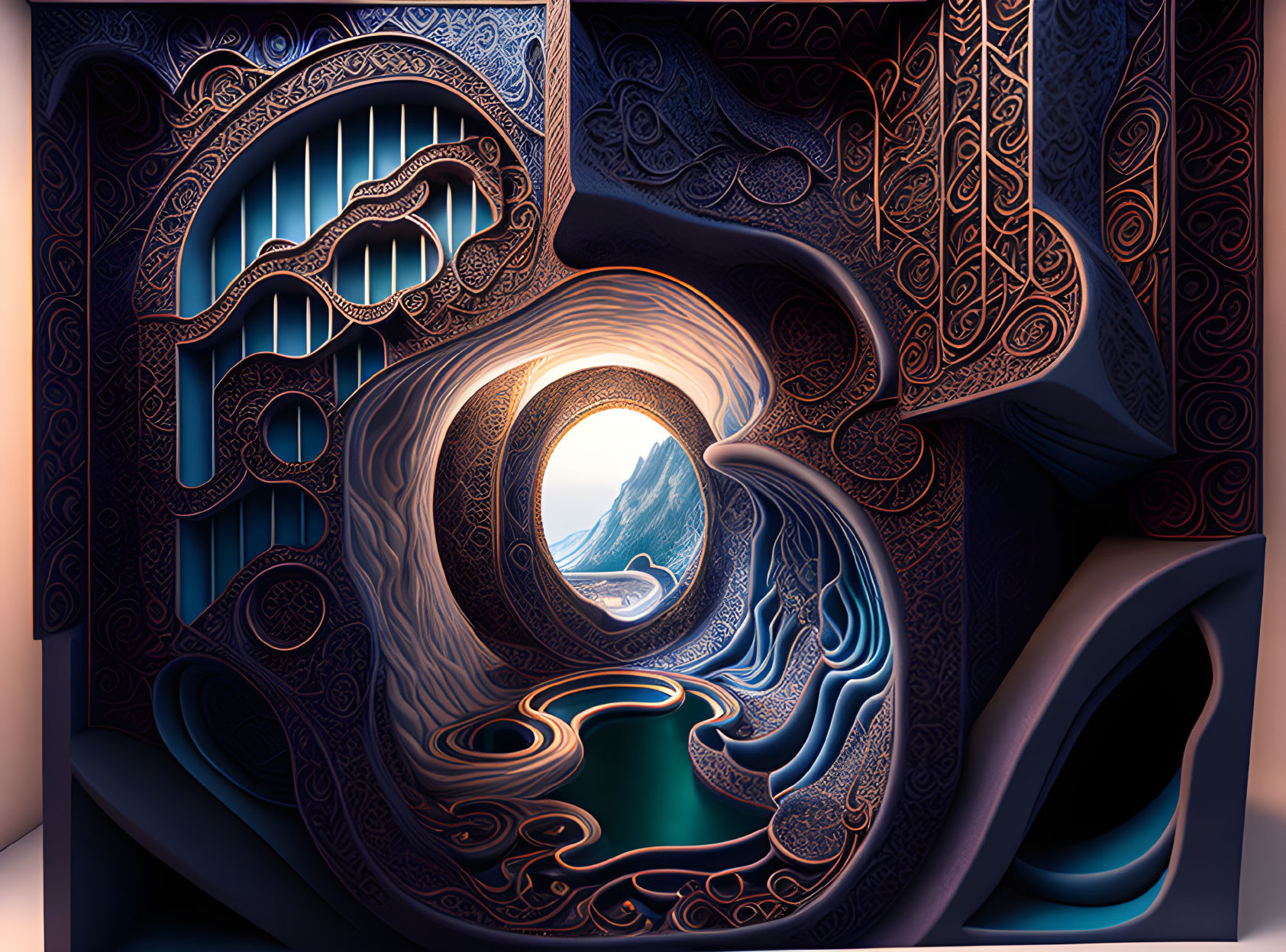 Surreal digital artwork with ornate patterns and mountain landscape portal