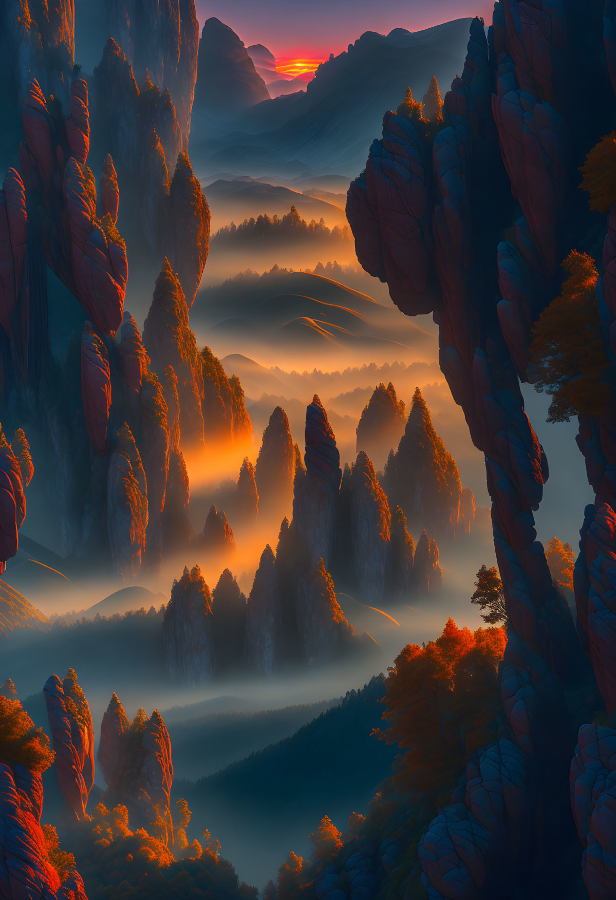 Sunset mountain vista with towering cliffs, lush trees, and rolling mist