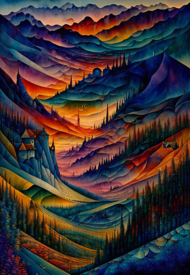 Stylized painting of rolling hills, castle, trees, and celestial bodies in warm colors