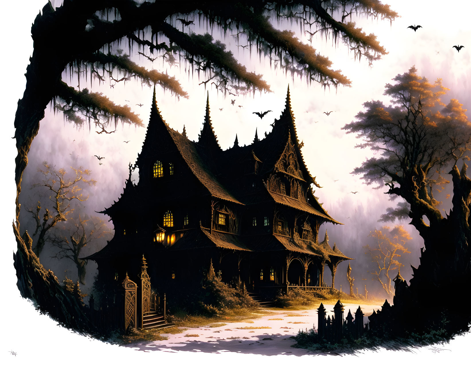 Twilight Gothic mansion with illuminated windows and flying bats