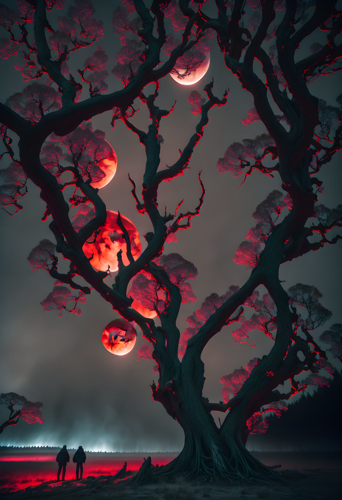 Silhouetted figures under twisted trees with red foliage and multiple moons in a dusky sky