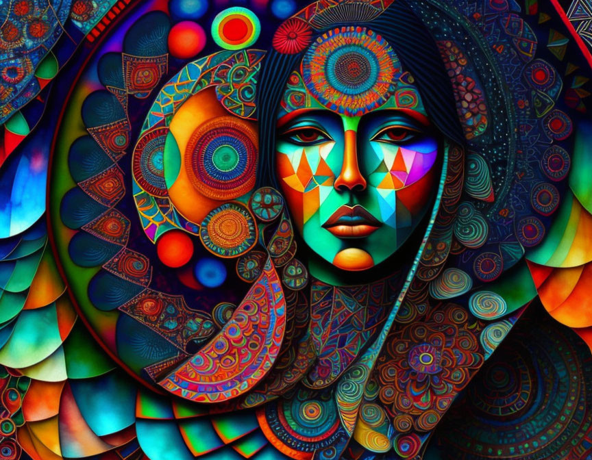 Colorful digital art: Woman with geometric and mandala designs