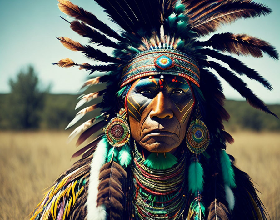 Native American headdress with feathers and beadwork in grassy field