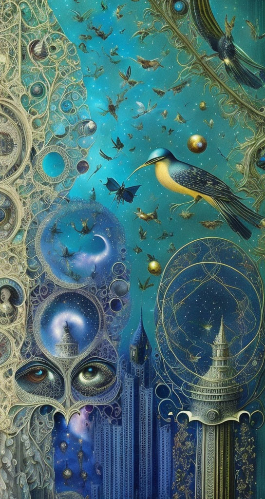 Fantasy artwork: Celestial, eyes, ornate patterns, bird, insects, futuristic architecture,