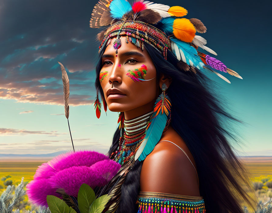 Colorful Native American headdress woman with face paint and feather in vivid landscape