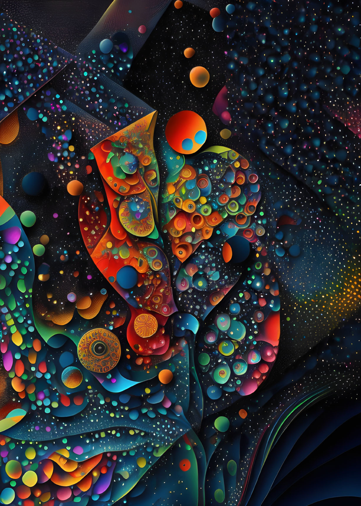 Colorful Abstract Digital Artwork with Swirling Patterns and Cosmic Elements