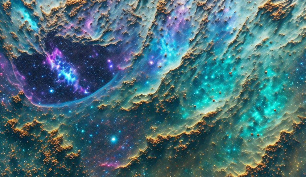 Golden nebulous clouds in turquoise space with stars and nebulae