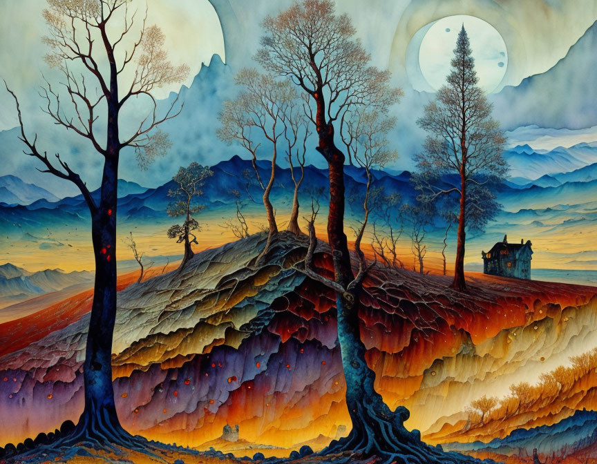 Surreal landscape painting with barren trees, house, mountains, blue sky, and moon