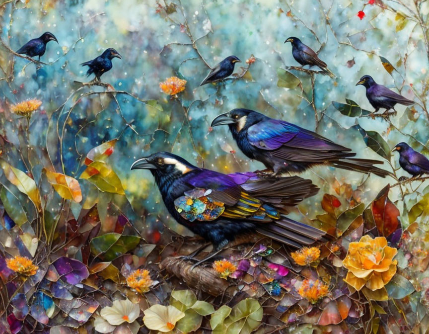 Colorful painting of iridescent starlings in foliage scenery