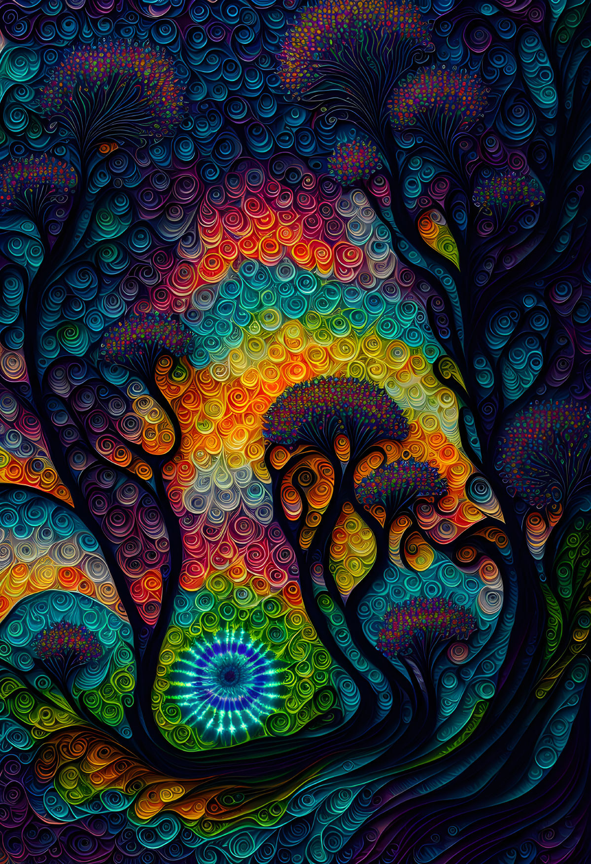 Colorful Whimsical Forest Illustration with Spiral and Rainbow Gradient