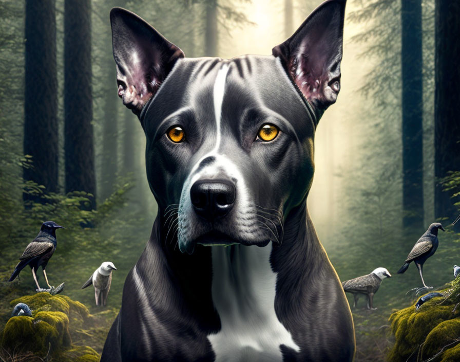 Realistic black and white dog with yellow eyes in misty forest with birds