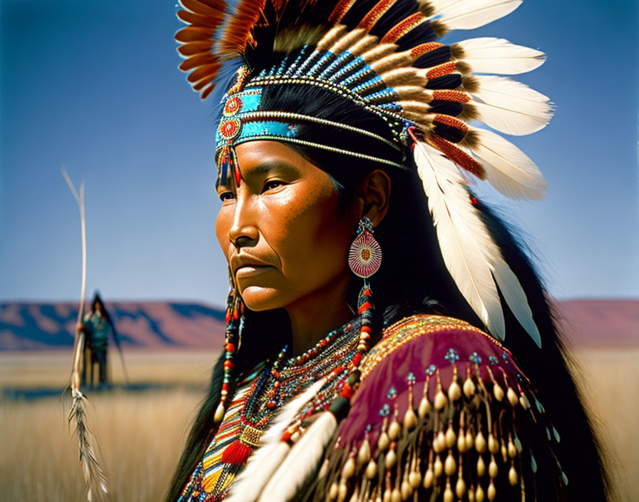 Native American person in regalia with feathered headdress and beaded necklaces