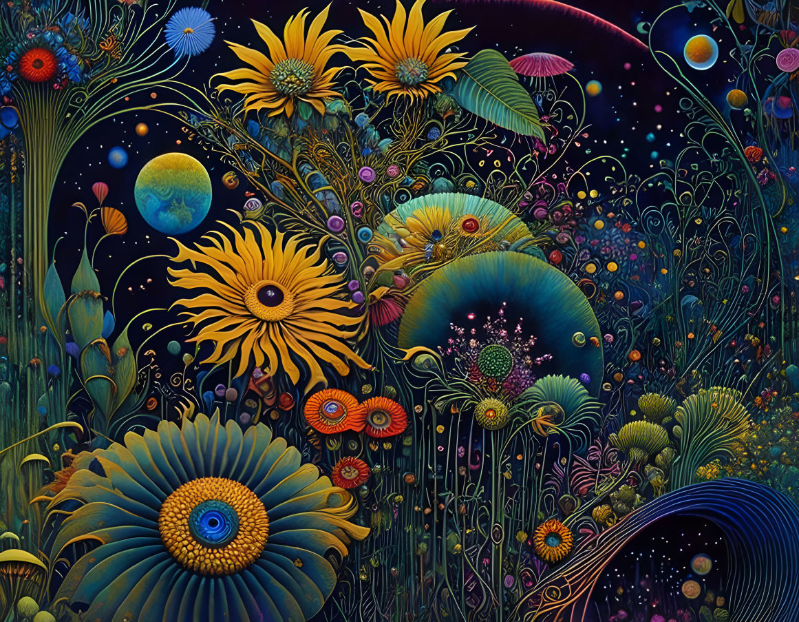 Colorful psychedelic cosmic garden with sunflowers and swirling patterns