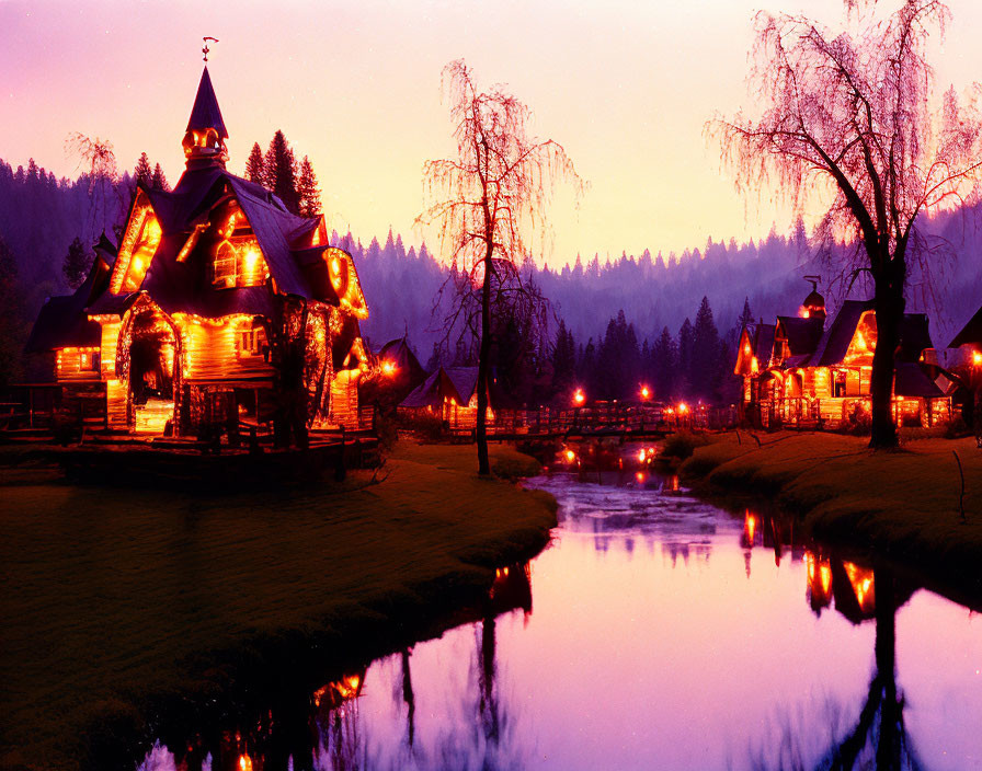 Twilight scene: illuminated wooden houses by reflective river