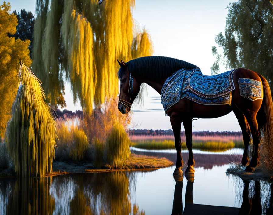 Ornately draped horse by water with willows at sunset