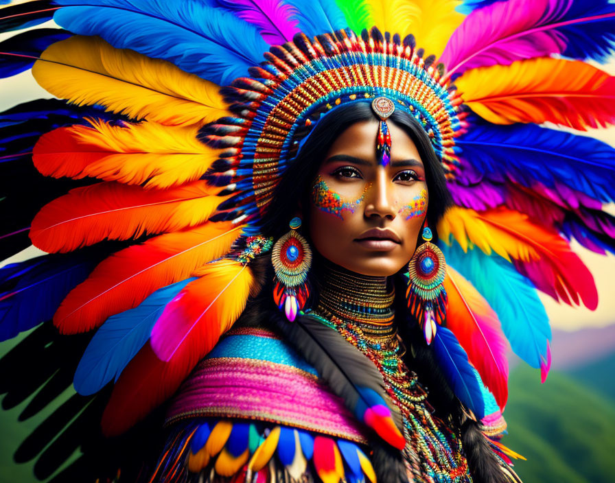 Colorful Feather Headdress with Beadwork on Person Against Nature Background