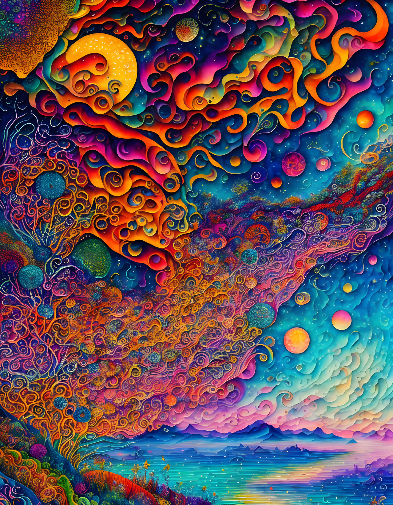 Colorful Psychedelic Artwork: Swirling Patterns, Celestial Bodies, and Crescent Moon