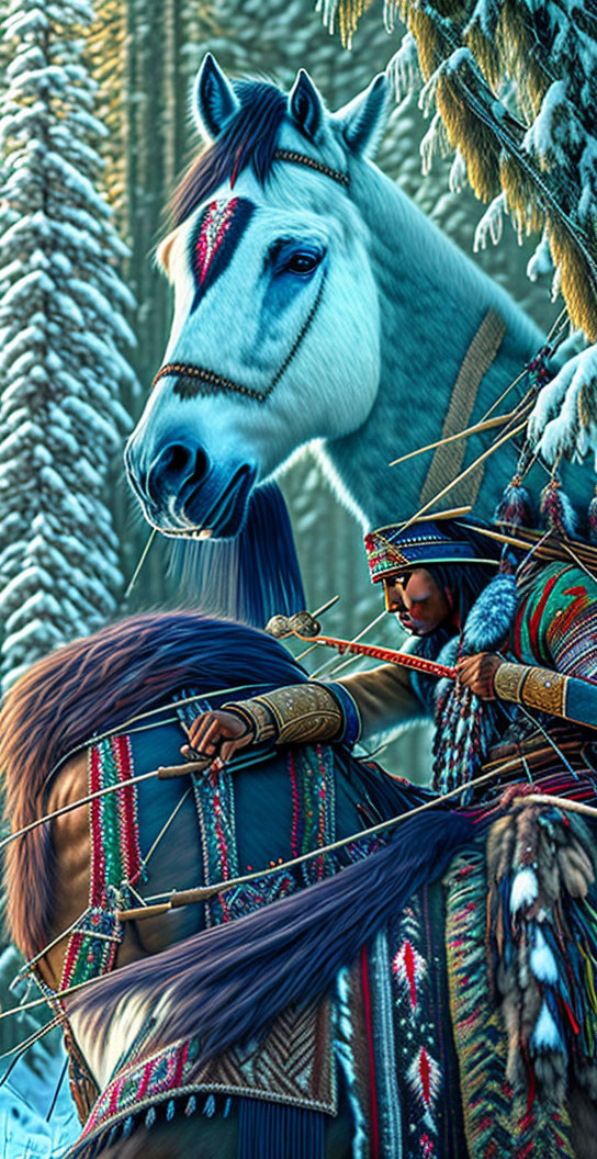 Native American in traditional attire riding white horse in snowy forest