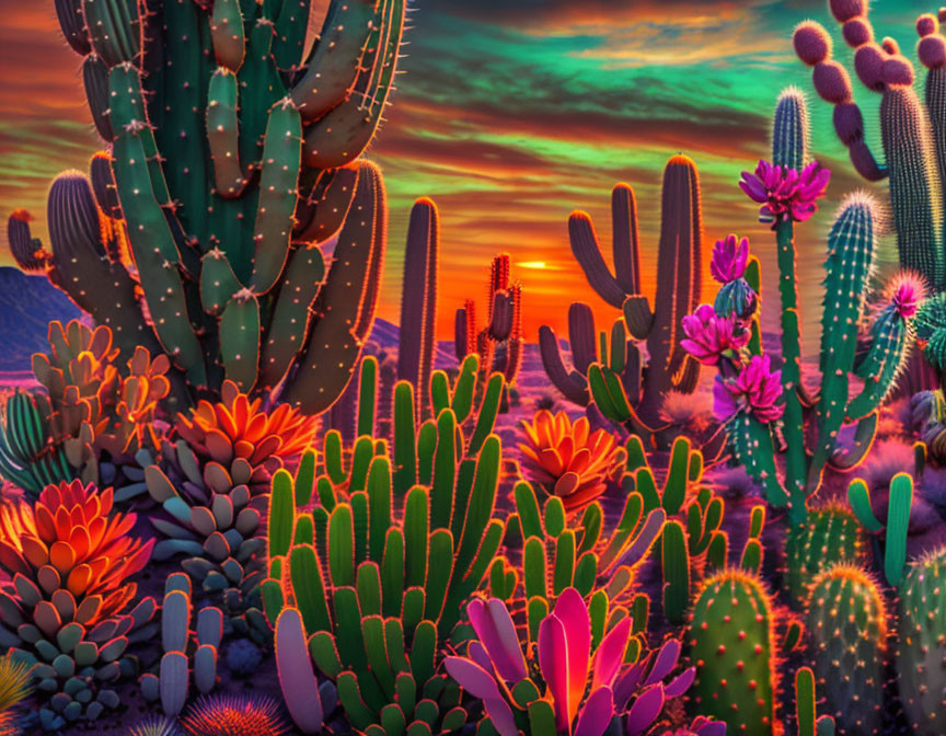 Colorful surreal desert scene with neon cacti under psychedelic sky