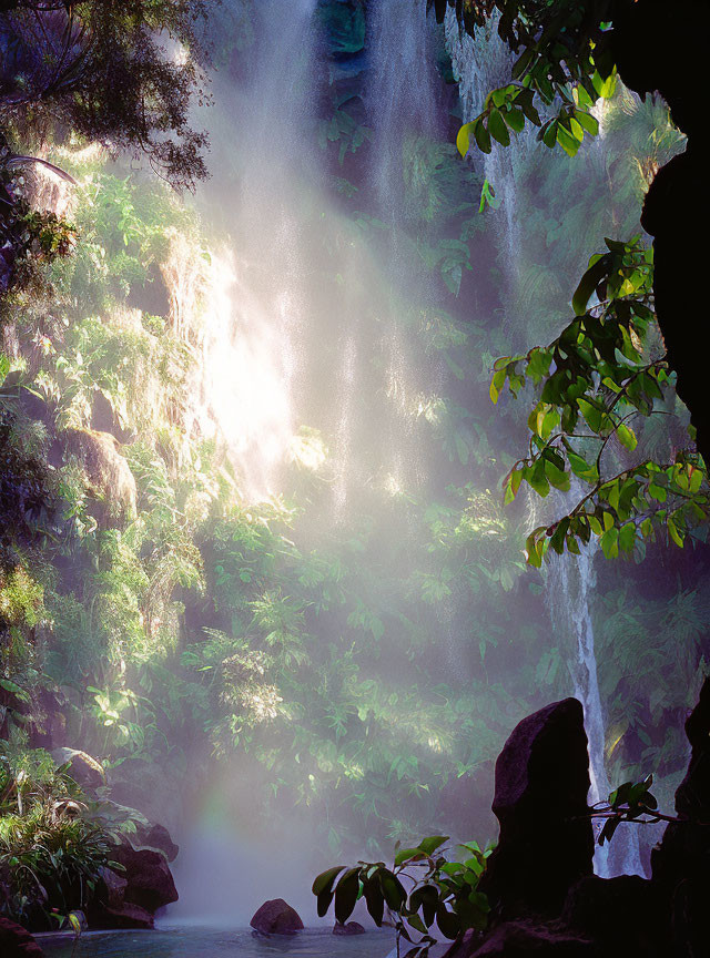 Misty forest scene with waterfall and rocks in sunlight