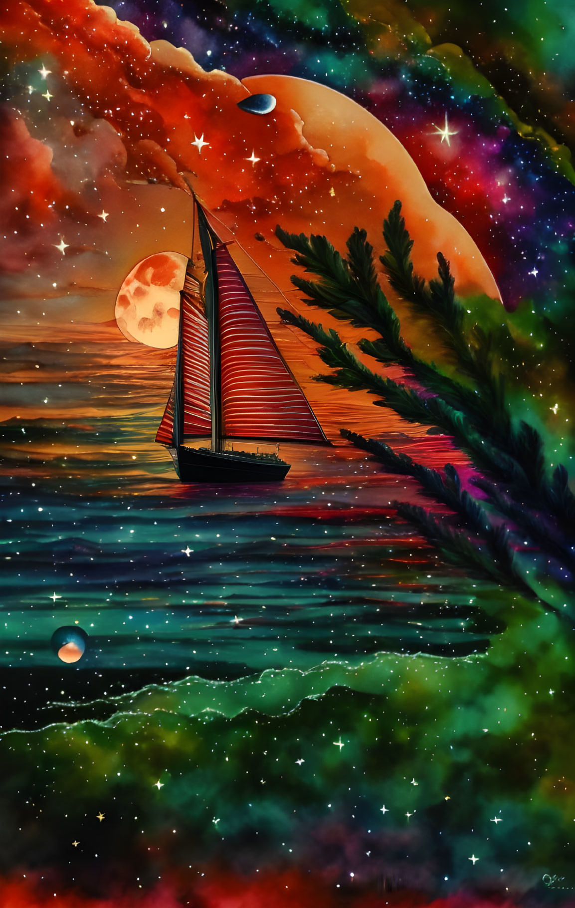 Sailboat painting: Starry ocean, moon, planets, cosmic sky