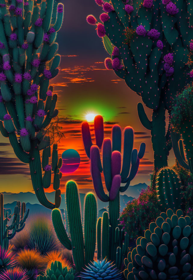 Colorful desert sunset with large cacti silhouettes and intricate flora.