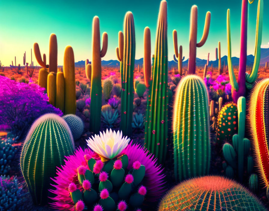 Colorful desert landscape with cacti and blooming flowers at sunrise or sunset