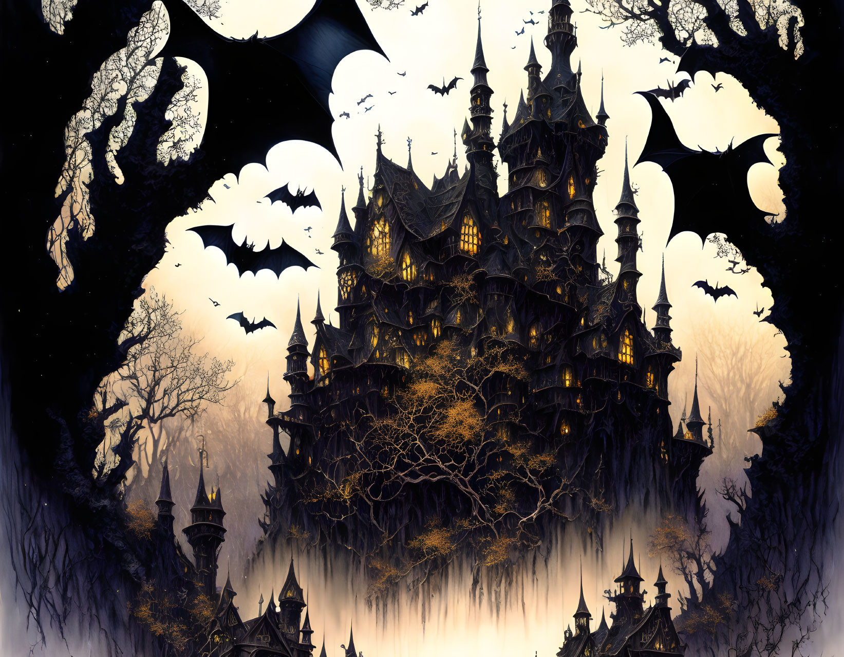 Eerie gothic castle with bats and moonlit sky