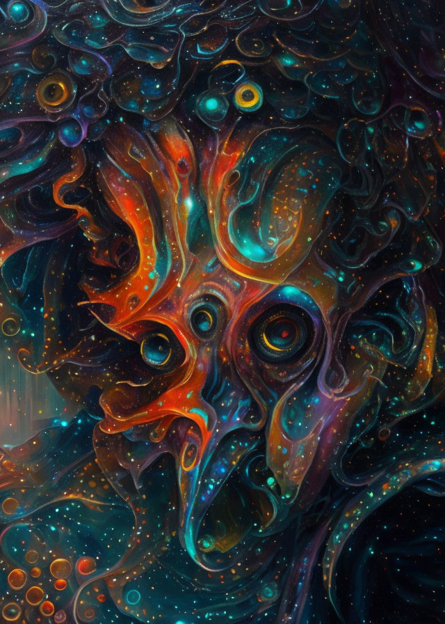 Colorful cosmic entity with swirling patterns and multiple eyes against starry background