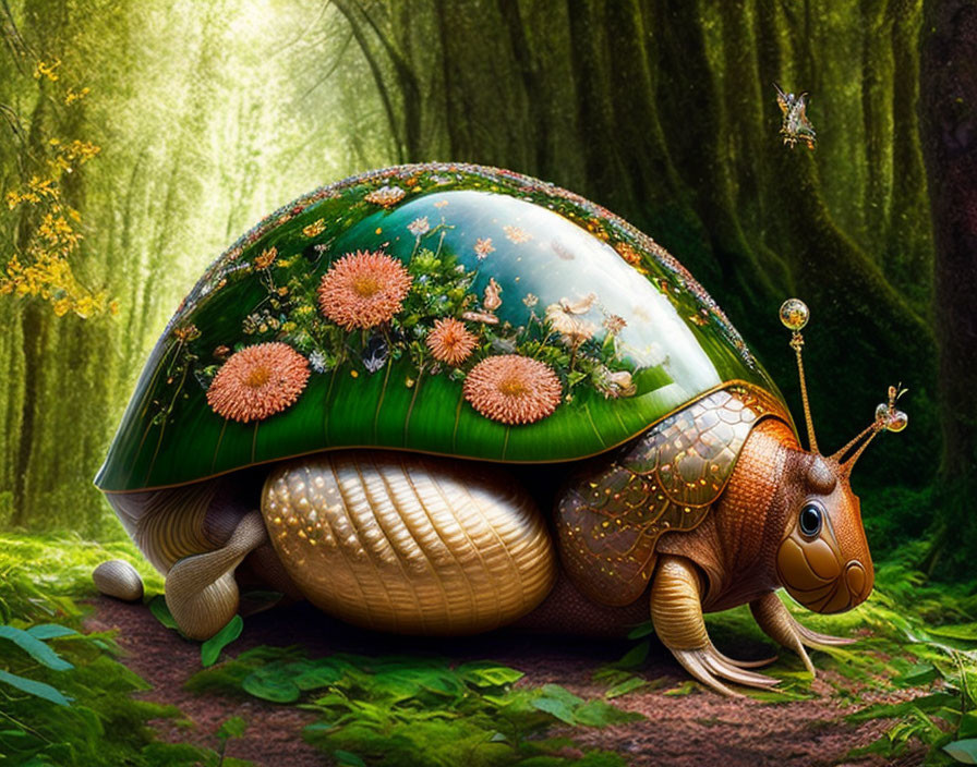 Colorful turtle with garden-like shell in enchanted forest