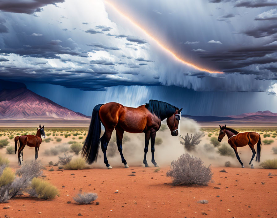 Horses in desert landscape with dramatic sky and rainbow