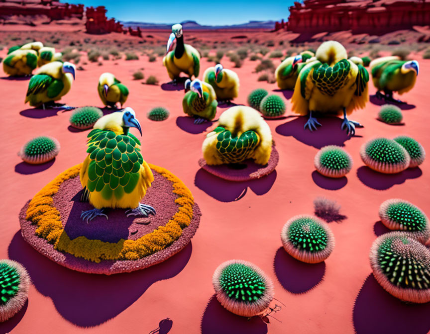 Colorful surreal parrot art on cacti in desert landscape