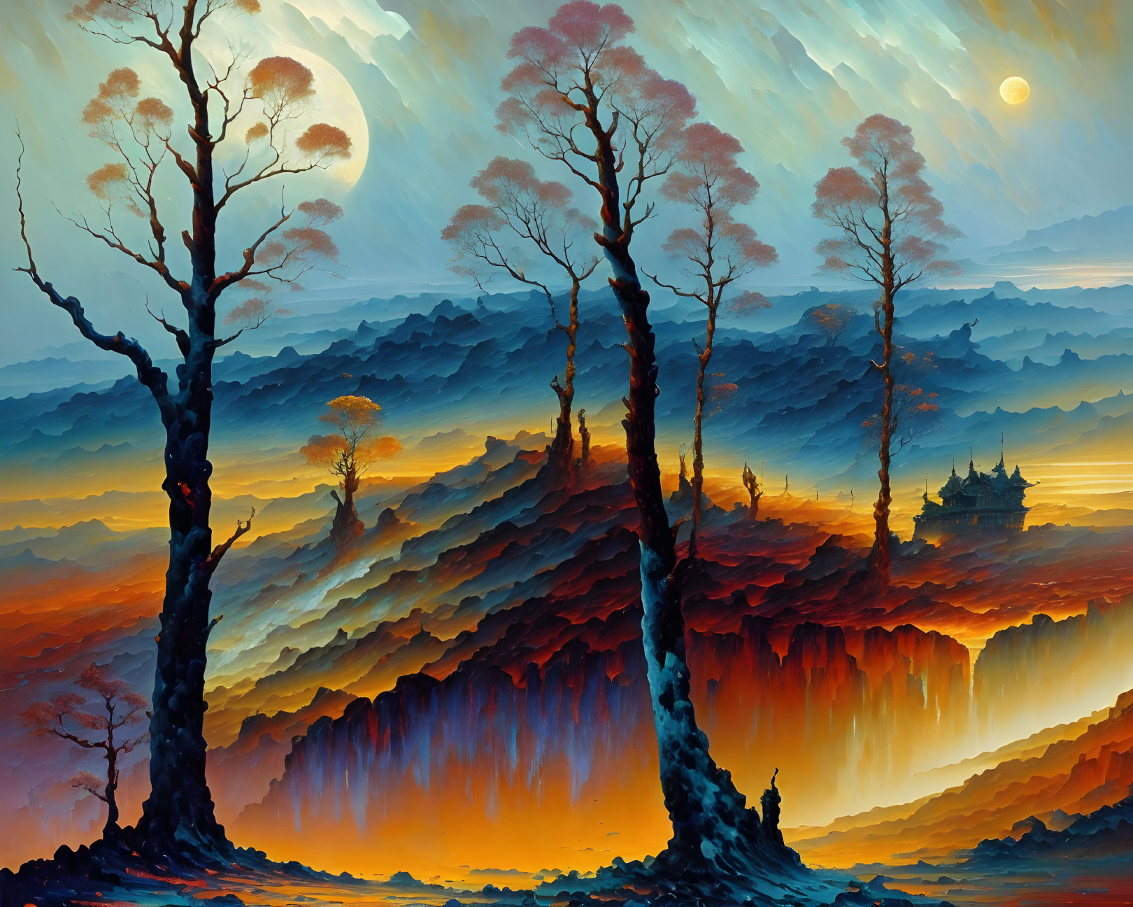 Fantasy landscape with vibrant sunset, misty hills, and moonlit castle