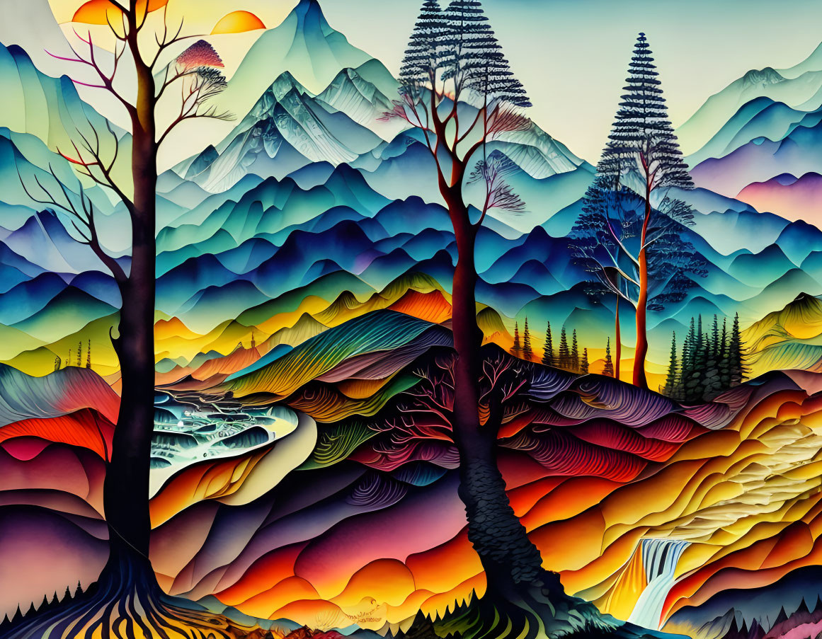 Vibrant stylized landscape: layered mountains, trees, waterfall