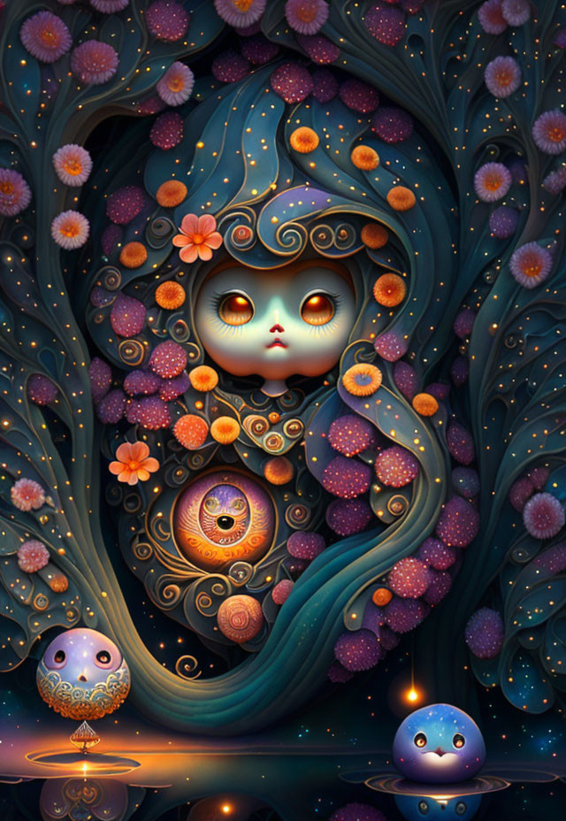 Colorful Illustration of Wide-Eyed Character in Magical Forest