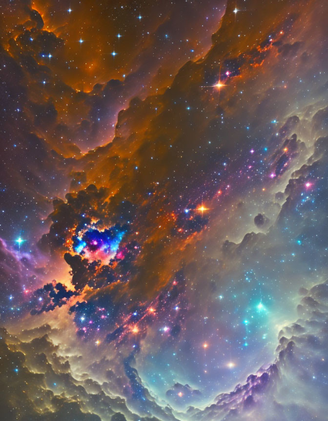 Colorful Cosmic Cloudscape with Swirling Blue, Orange, and Purple Hues